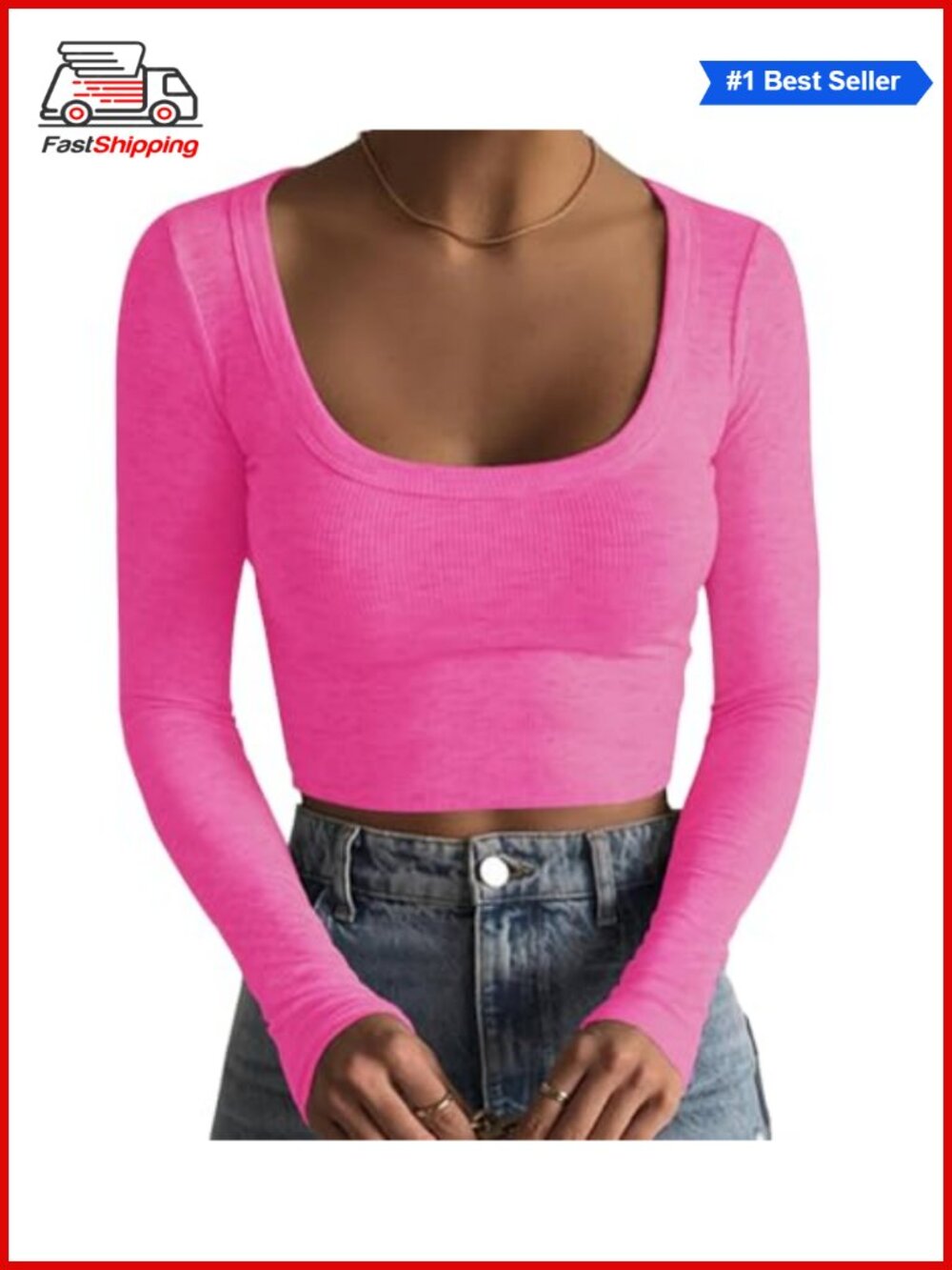 ✨ Square Neck Long Sleeve Ribbed Knit Slim Fitted Crop Top